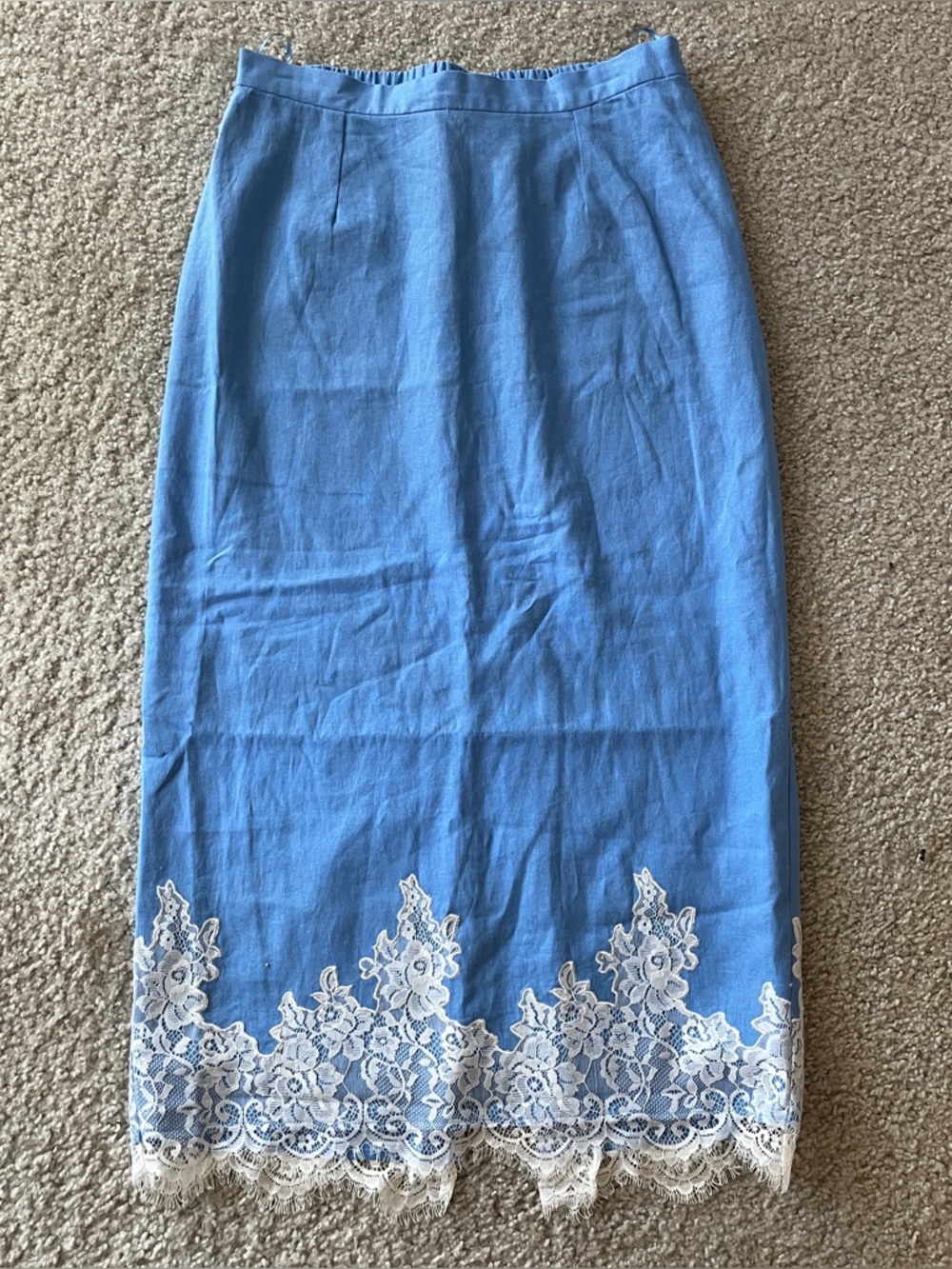 WAYF Women's Baby Blue Linen Blend Boho Maxi Skirt Size L NWT Cream Lace Hem